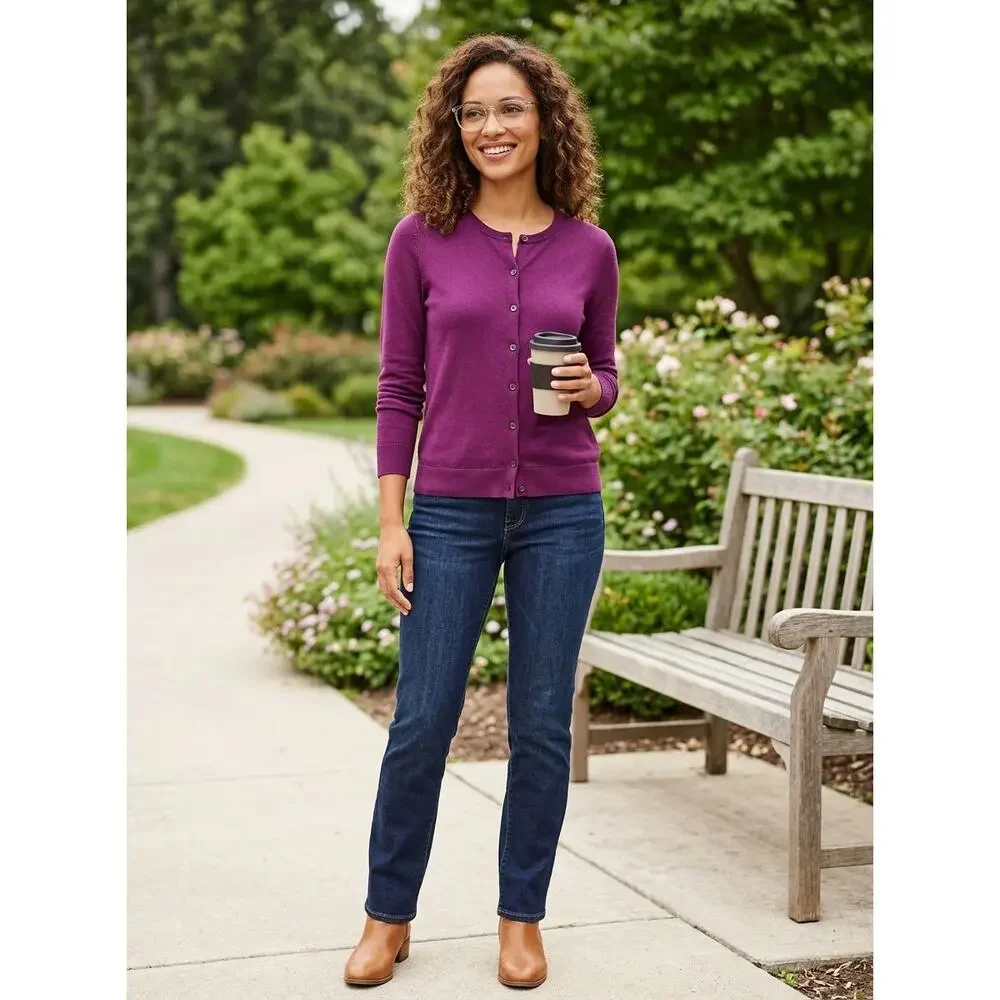 Loft Taylor Purple Crew Neck Knit Stretch Cardigan Sweater Women Size M